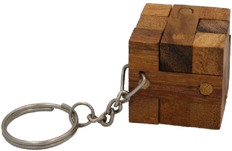Cube Lock Key Chain - Wooden Puzzle Brainteaser