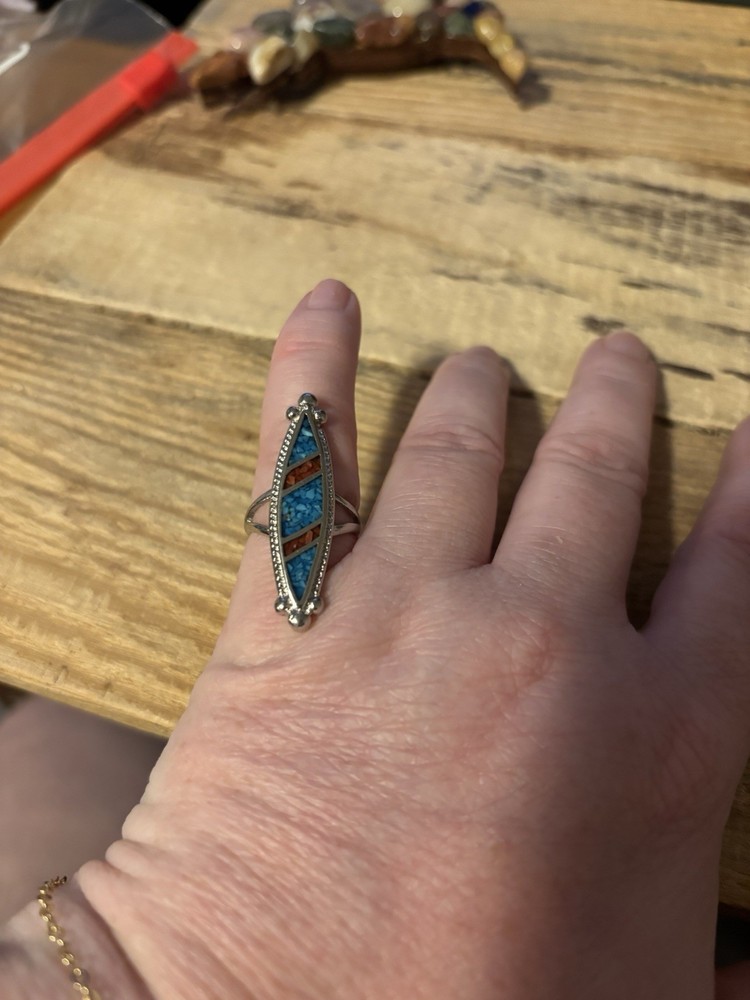 Size 5 NWT Turquoise And Coral Ring Silver Tone