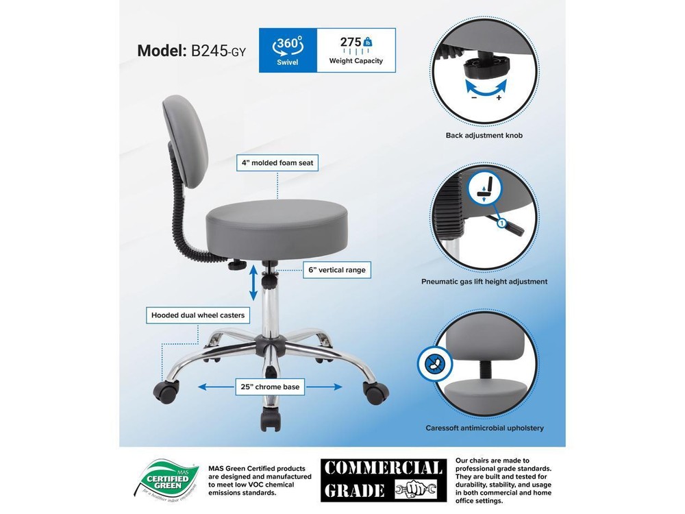 Boss Grey Caressoft Medical Stool W/ Back Cushion