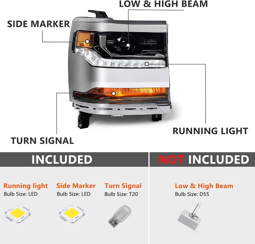 Headlight Assembly Compatible with Chevy Silverado 1500 2016 2017 2018 (Hid/Xeno
