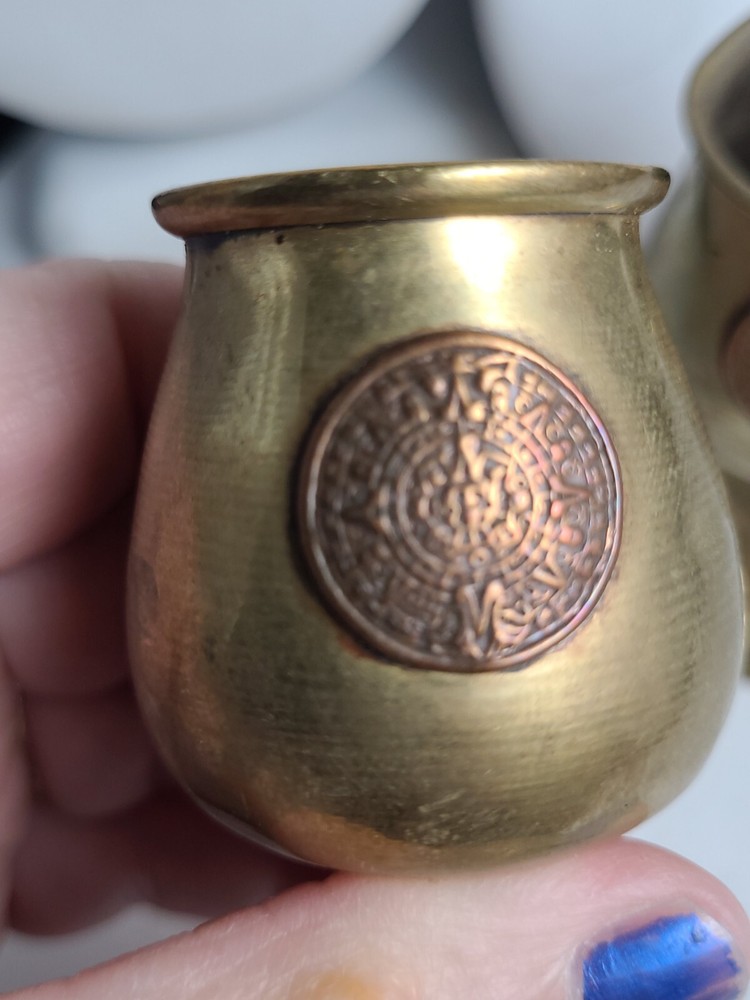 Vintage Pair Aztec Mini Goblets brass bronze
