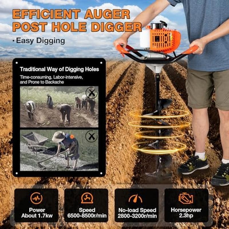 52cc Gas Powered Post Hole Digger W/ Drill Bits Extension Rods Tools New