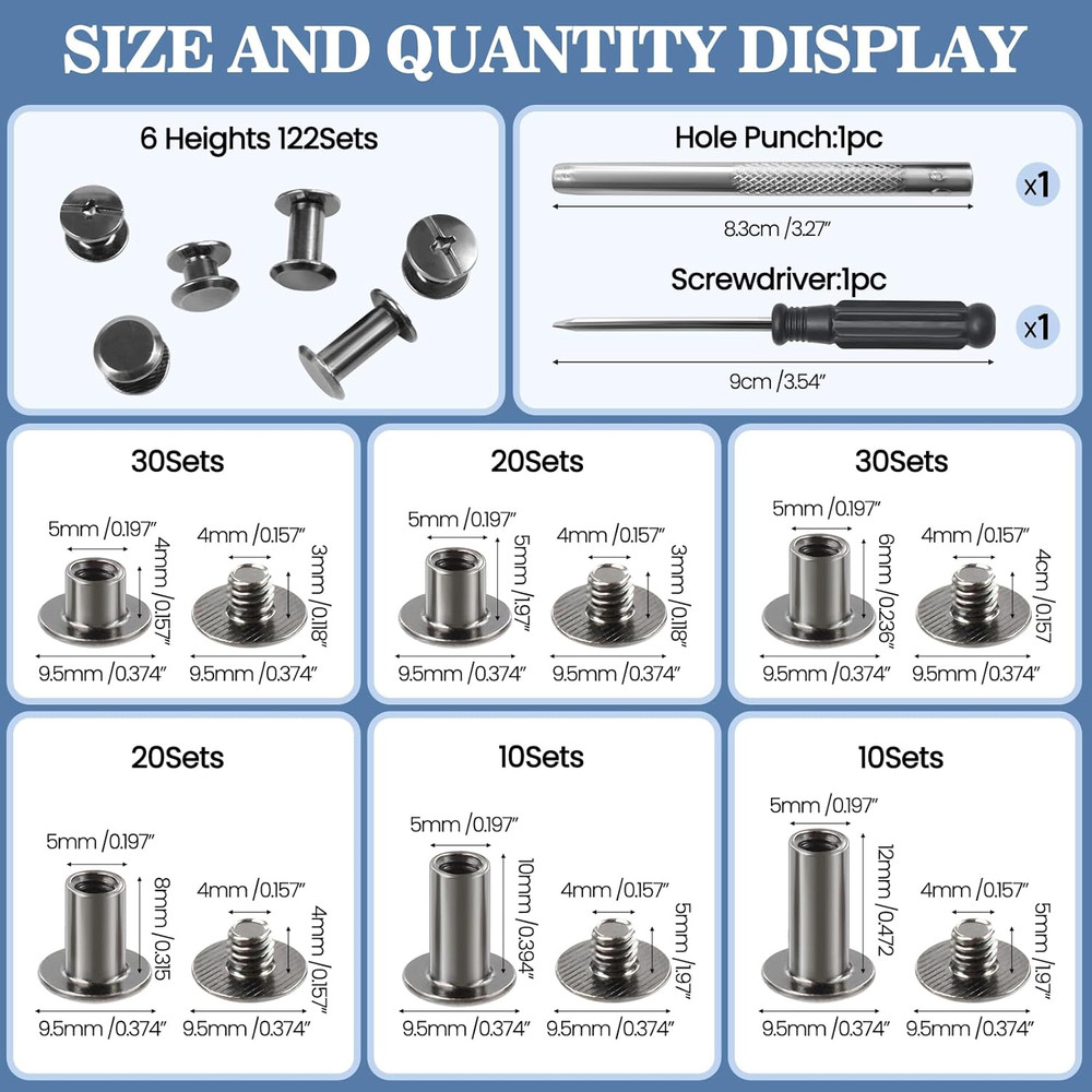 122 Pack Snap Button Kit, 6 Sizes Chicago Screws Leather Assorted Kit, for DIY L