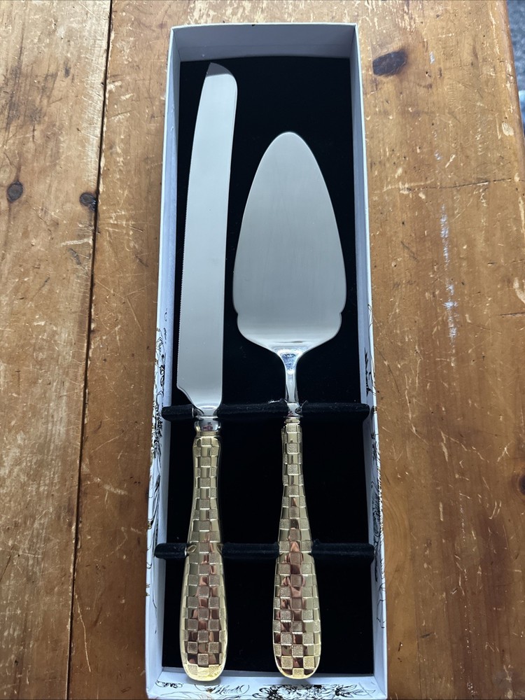MacKenzie Childs Gold Check Cake Serving Set READ Description