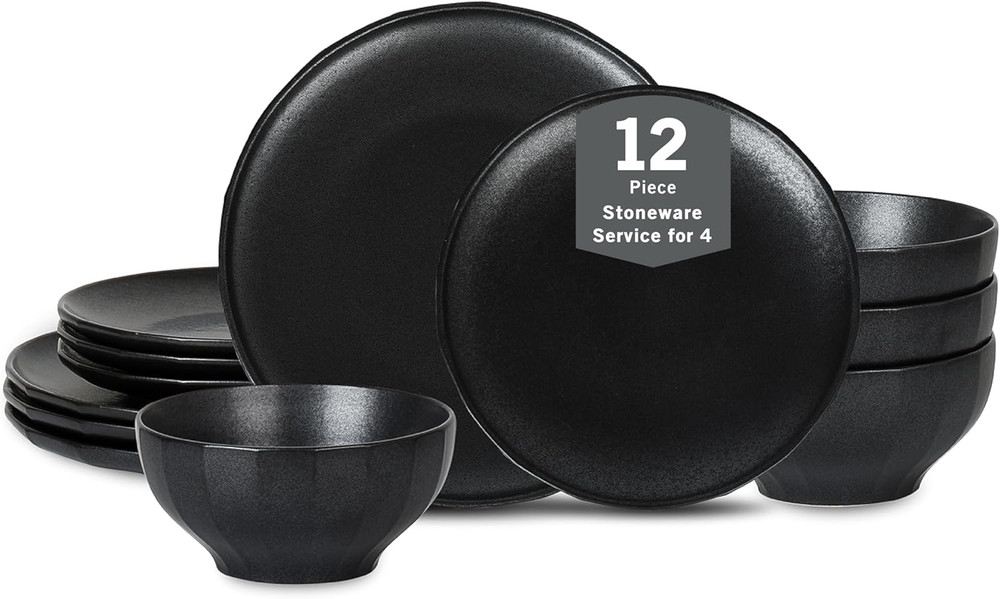 Rio 12-Piece Black Stoneware Dinnerware Set for Elegant Dining