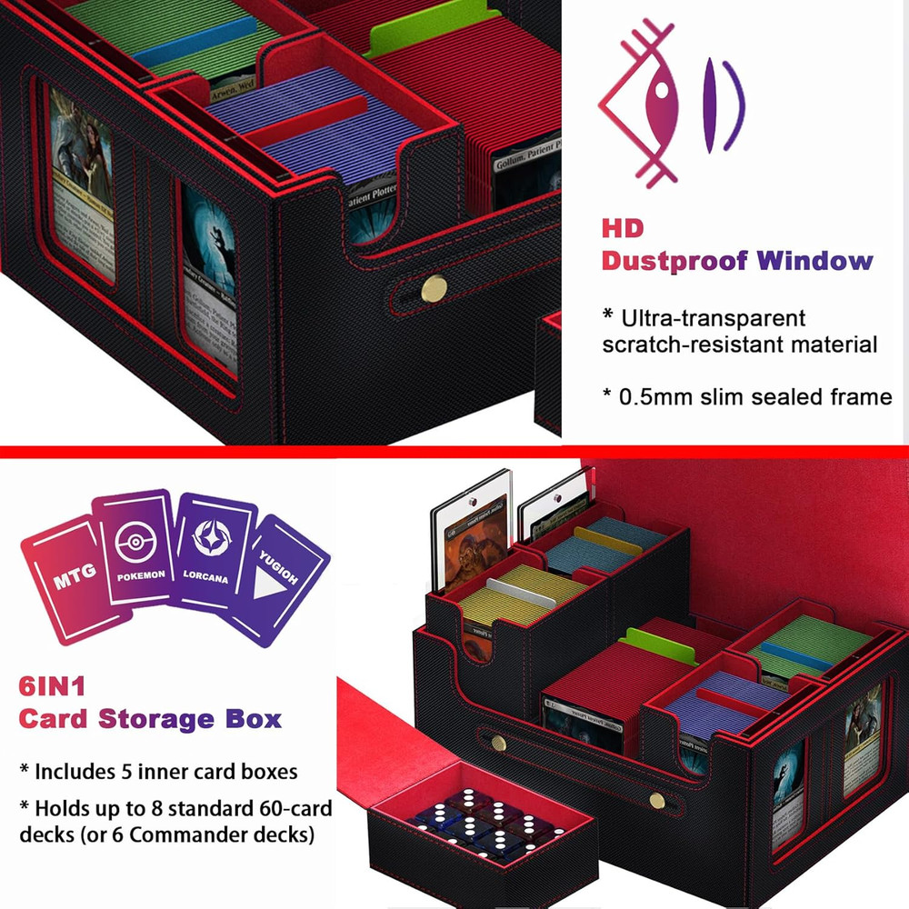 Commander Deck Box for MTG, 6-Deck Modular Card Case with Dice Tray Holds 600+ D