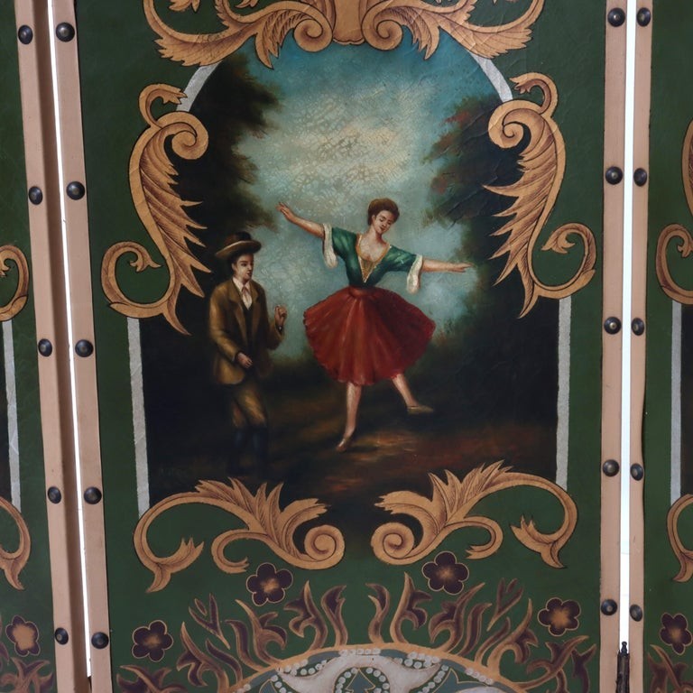 Antique Hand Painted Leather on Board Four Panel Dressing Screen Early 20thC