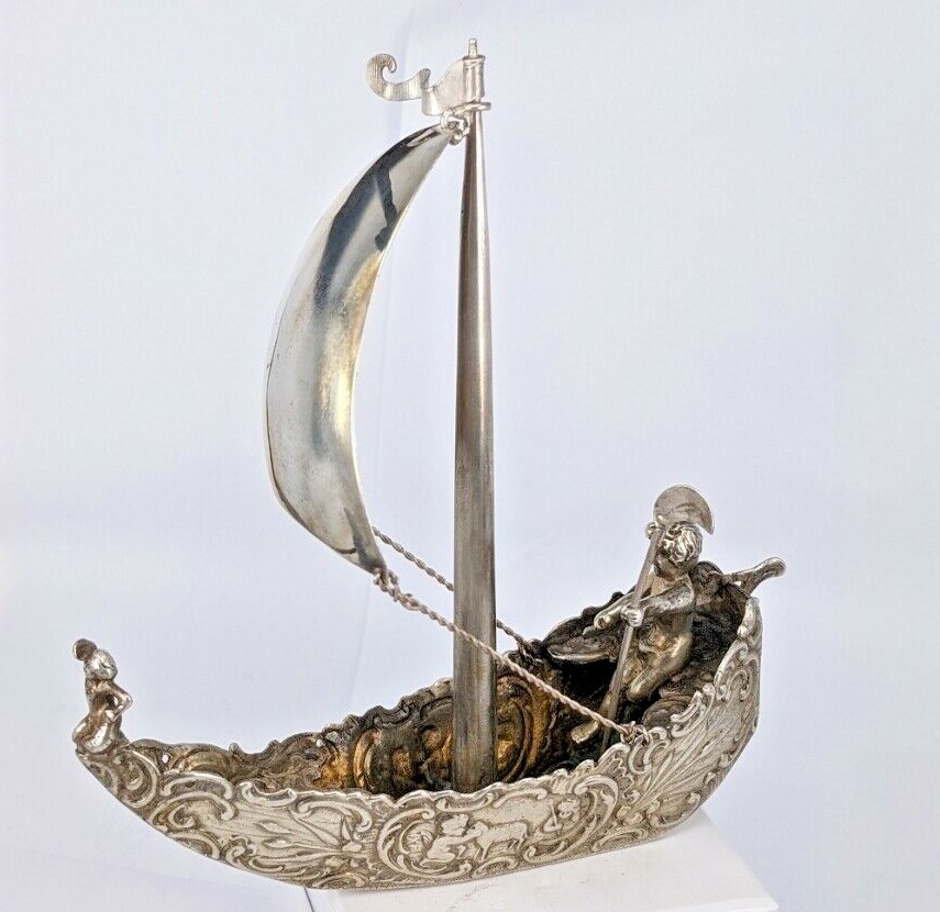 Miniature Hanau solid silver cherub sail boat Circa 1900