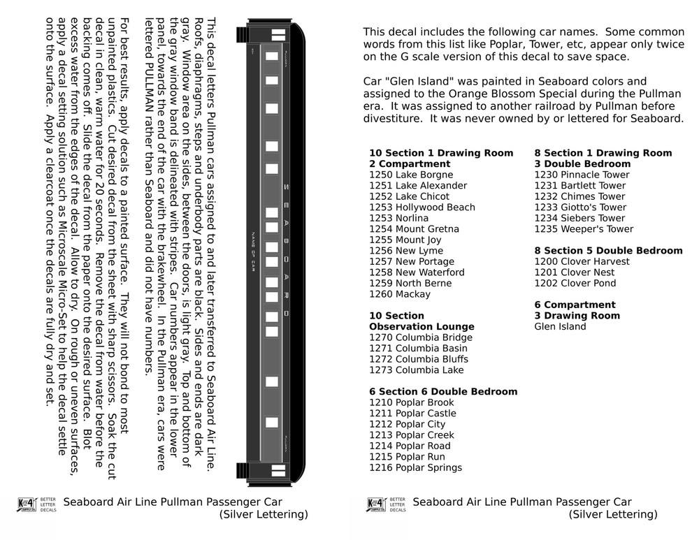 K4 O Scale Decals Seaboard Air Line Ex-Pullman Sleeper Passenger Car Silver