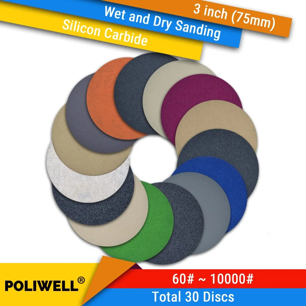 30PCS 3 Inch(75mm) Silicon Carbide Hook&Loop Flocking Waterproof Sanding Discs