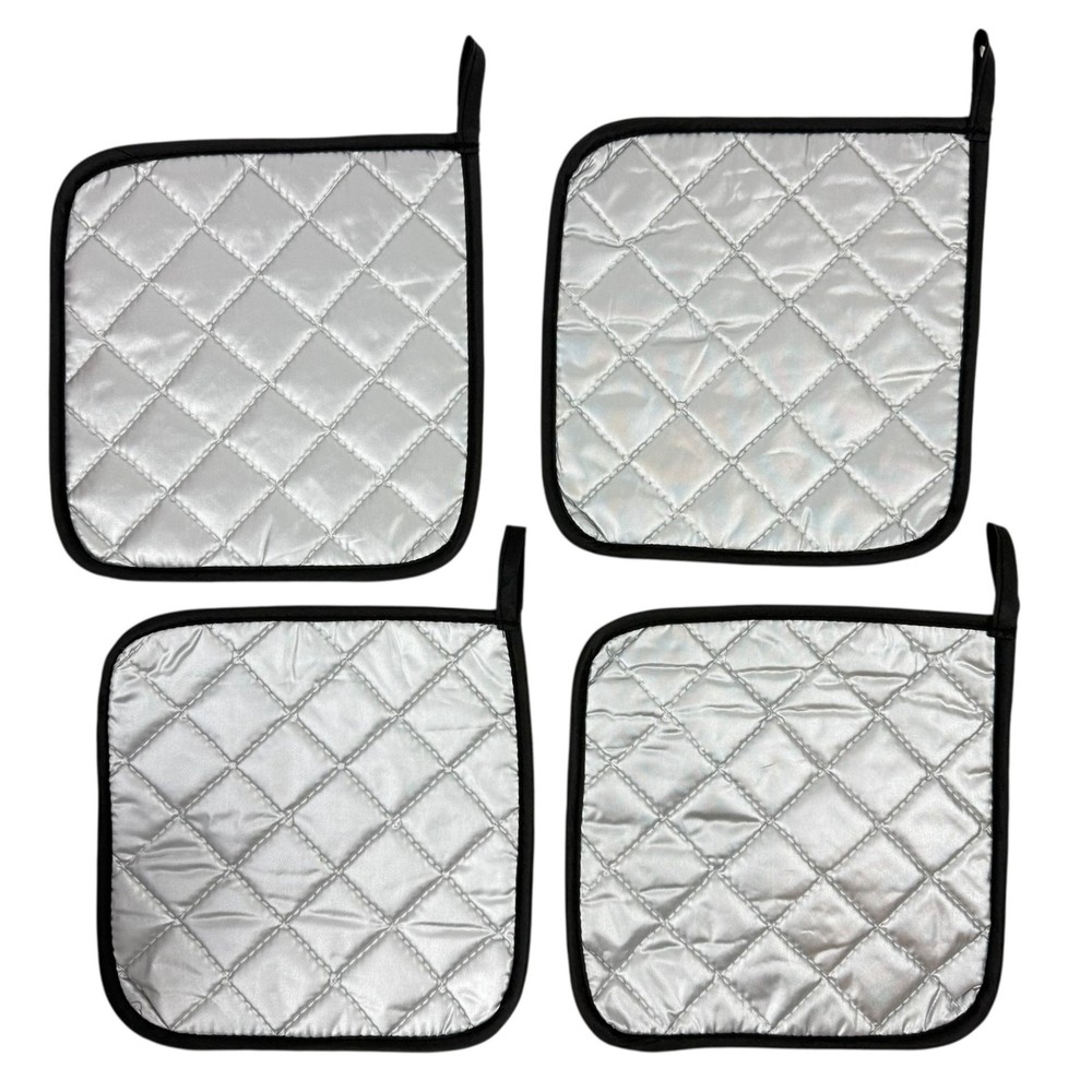 4-Piece Square Potholder Set Marble-Look Black Gold Silver