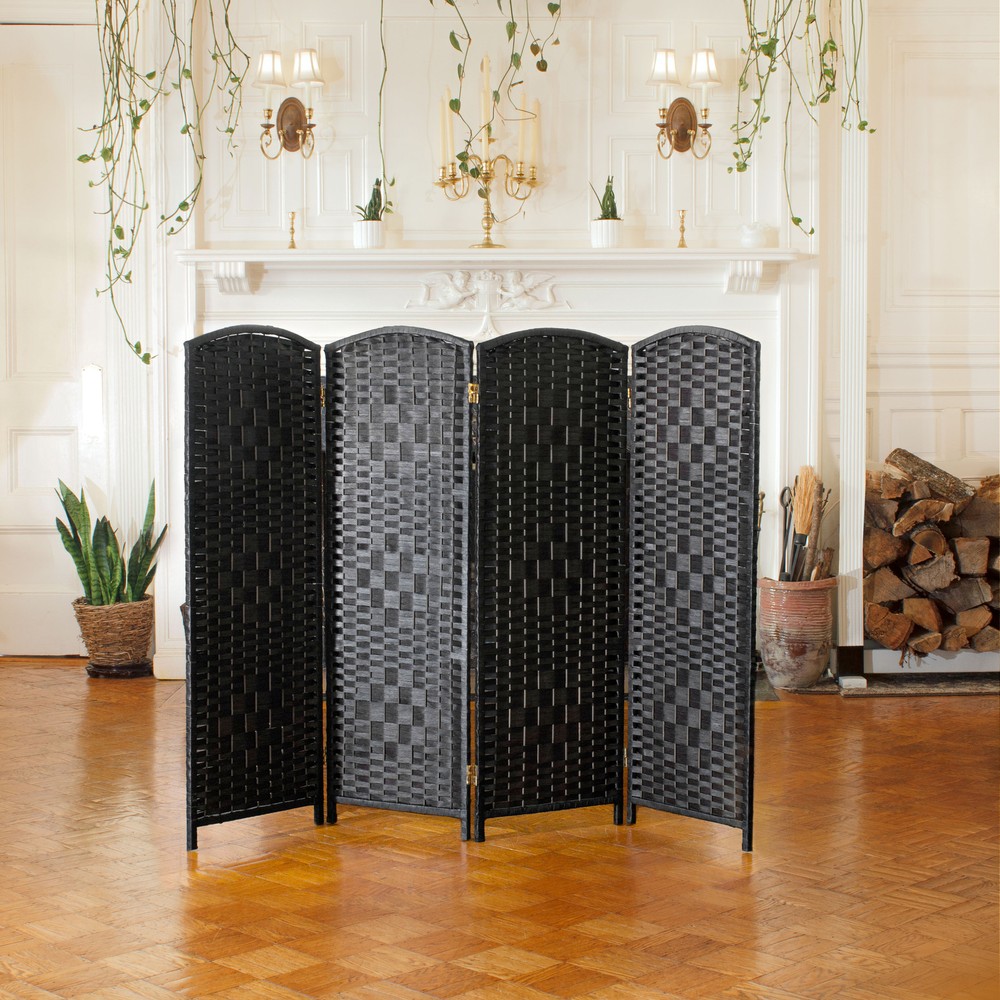 4 ft. Short Diamond Weave Fiber Folding Screen - Black - 4 Panel