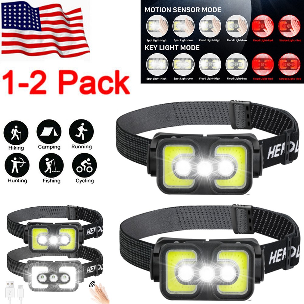 COB LED Headlamp Headlight Flashlight Torch USB Rechargeable Waterproof Sensor