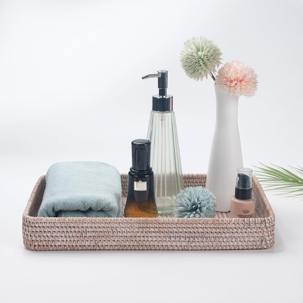 Rattan Serving Tray Set - Rectangular Woven Wicker Decorative Baskets