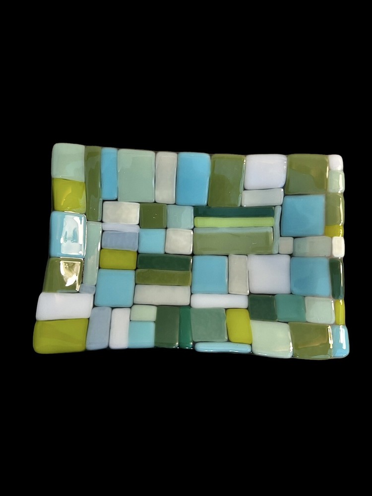 Handmade Fused Art Glass Rectangular Trinket Dish ~ SIGNED