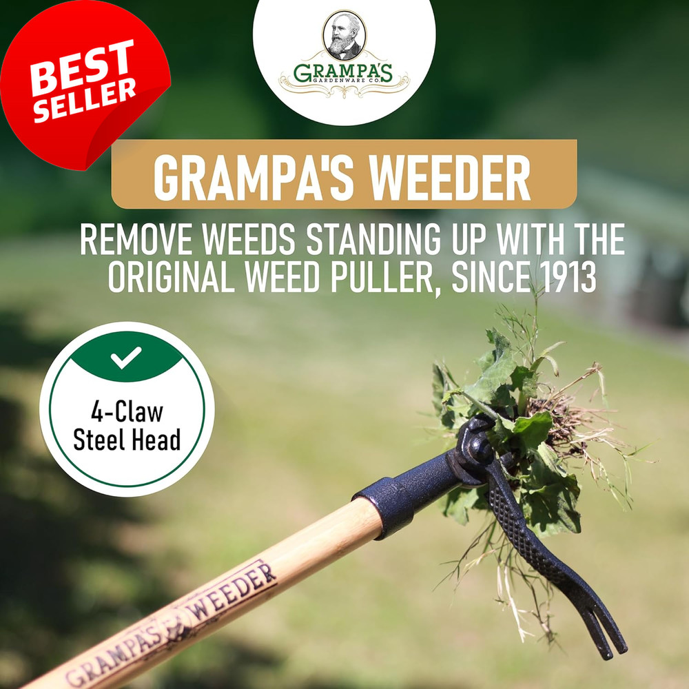 Stand Up Weed Puller Tool Long Handle Bamboo 4 Claw Steel No Bend Garden