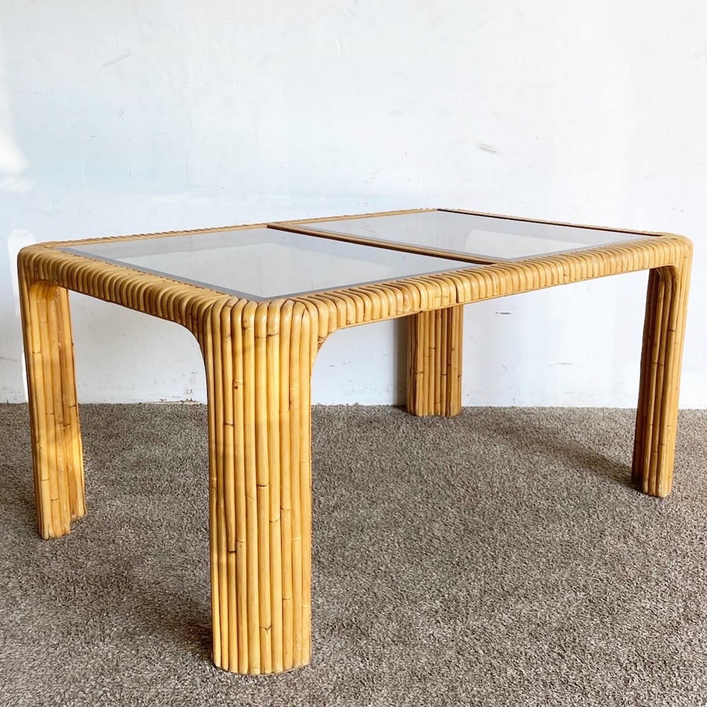Boho Chic Split Bamboo Smoked Glass Top Dining Table