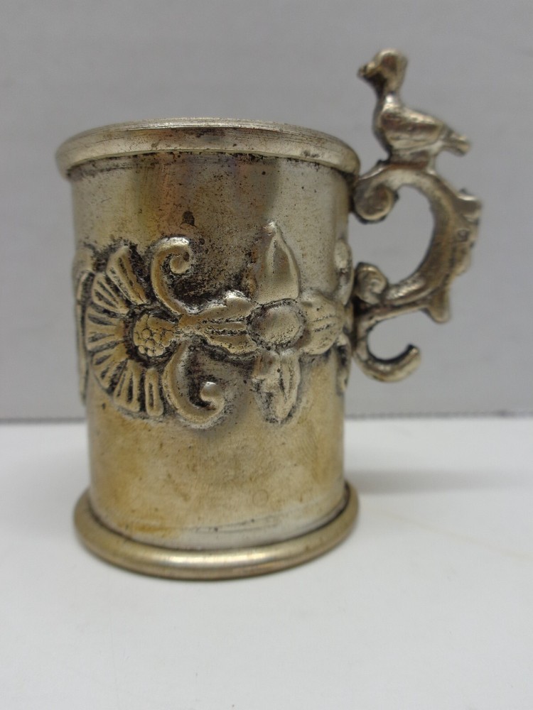 Antique Embossed Baby Cup with Bird on Scroll Handle