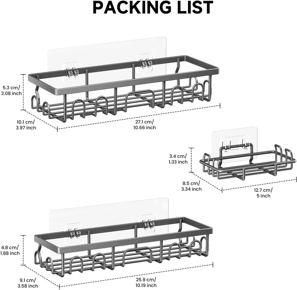 Shower Caddy, 3 Pack Shower Shelves for Inside Bathroom, Rustproof Adhesive Bath