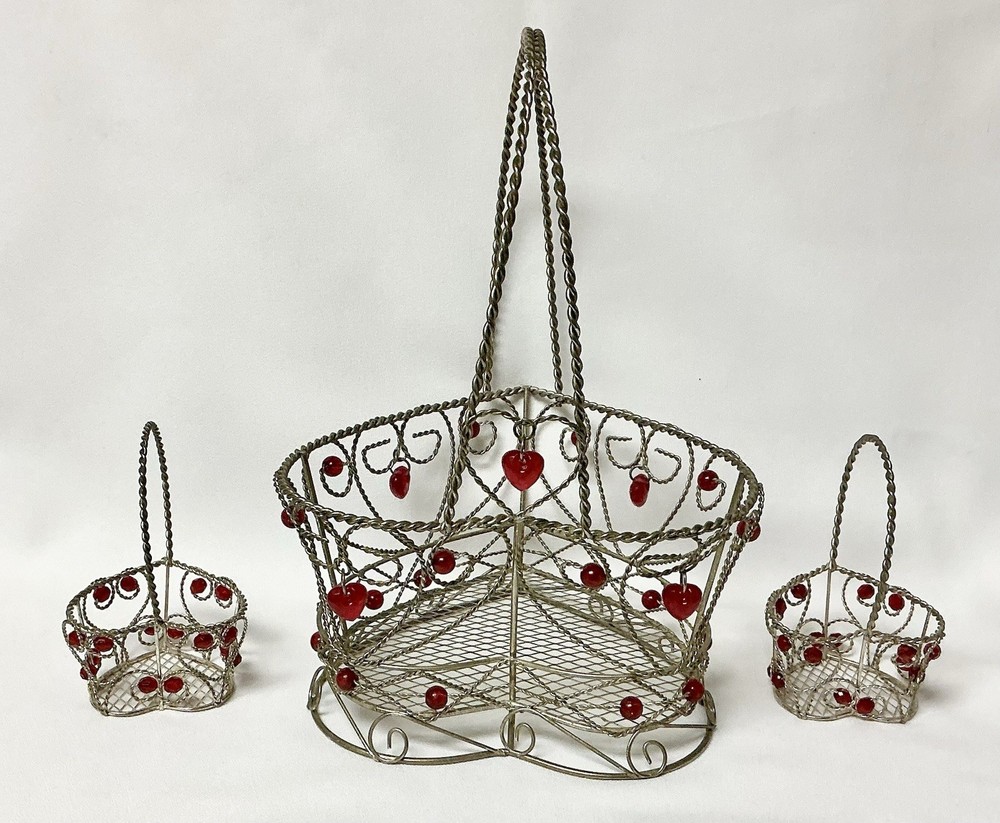 3 Heart Shaped Wire Baskets With Red Beads
