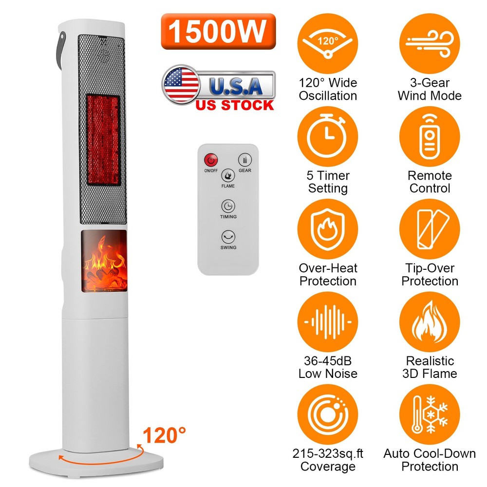 1500W Ceramic Tower Space Heater W/ 3D Flame Remote Control 5 Timer Options