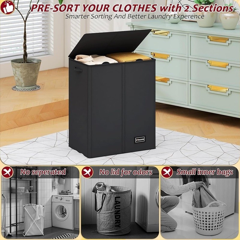 Large 150L Laundry Hamper W/ Lid 2 Section Compartment Durable Storage Basket US