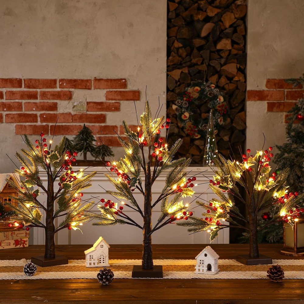 3 Pcs Christmas Lighted Birch Tree with Berry Stems Pine Branches Tree, 1.5ft...