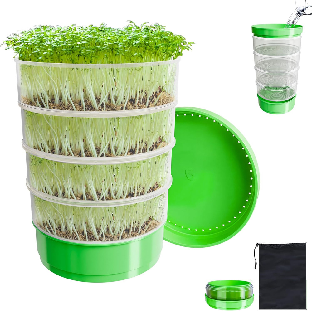 4-Tier Seed Sprouting Kit, Stackable Microgreens Growing Kit with Drain Trays An