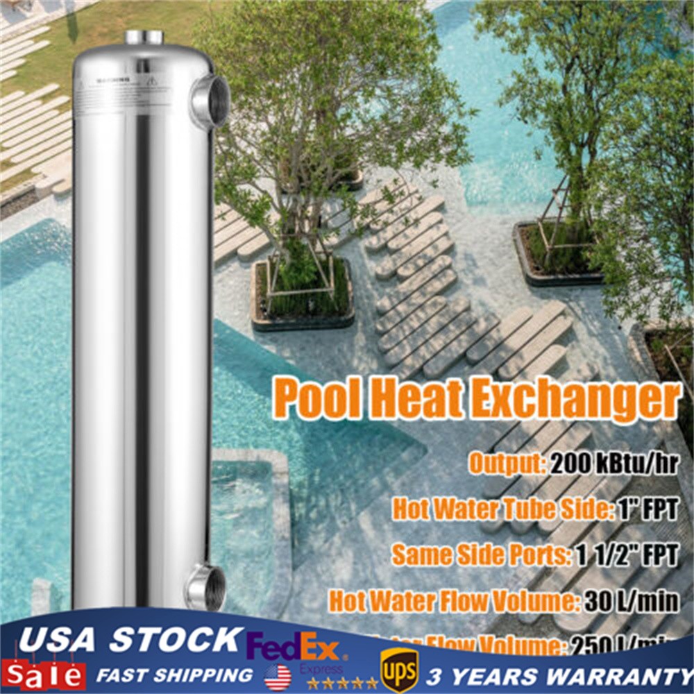 200 kBtu Pool Heat Exchanger Shell & Tube Heat Exchanger Same Side 1"+ 1 1/2"FPT