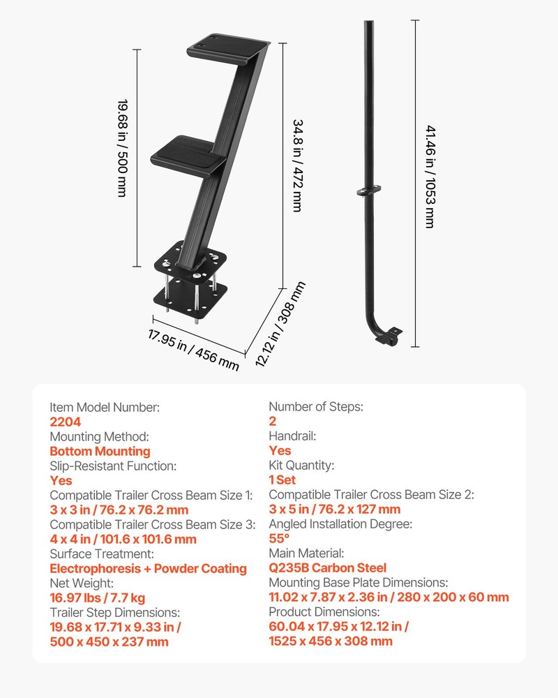 VEVOR Boat Trailer Steps Heavy Duty Boat Steps with Handle 2 Step Bottom Mount