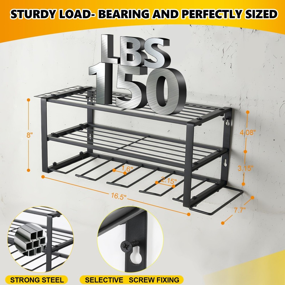 Wall Mount Tool Organizer: 3-Tier Rack with Drill Holders for Garage/Workshop