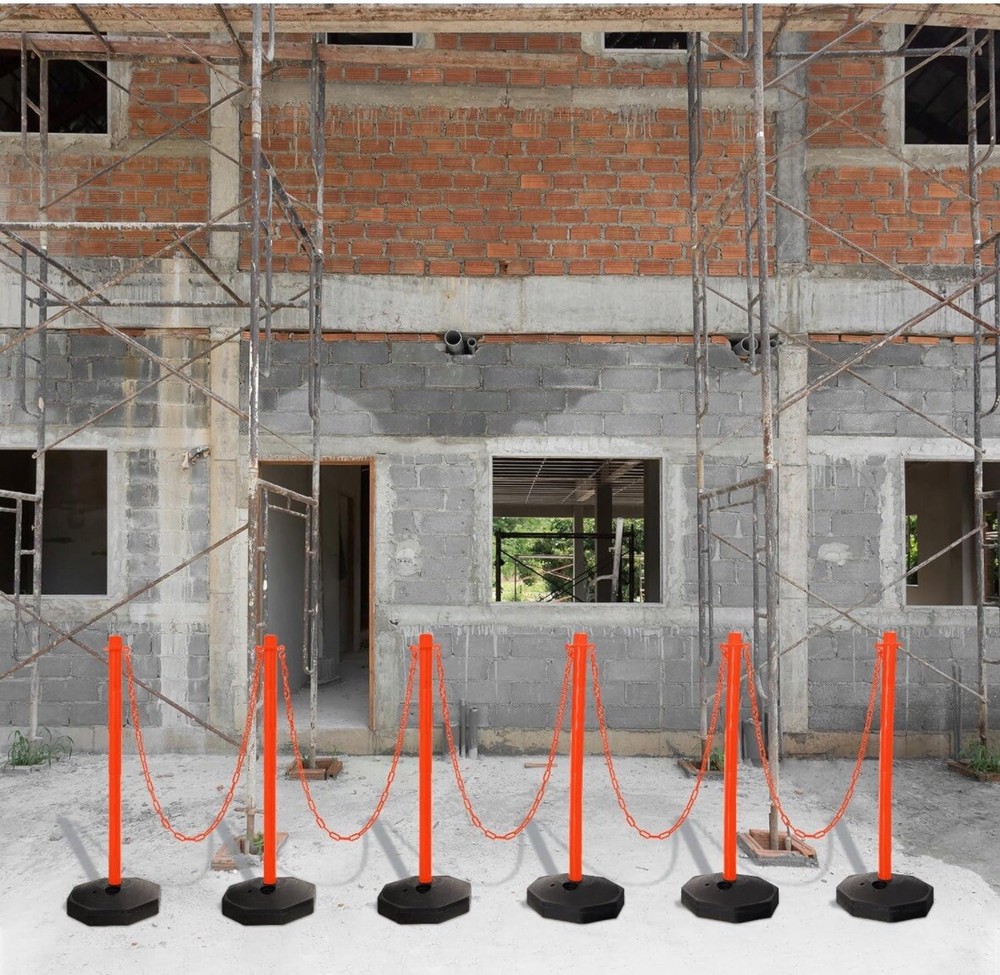 4 Pack- 34” Traffic Delineator Post Cones, Fillable Base & 6.6ft Plastic Chains