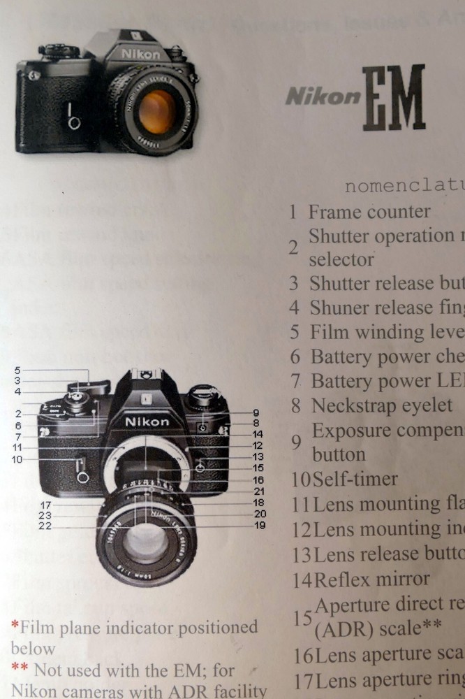 Camera guide instruction manual printed and bound folder  for Nikon EM