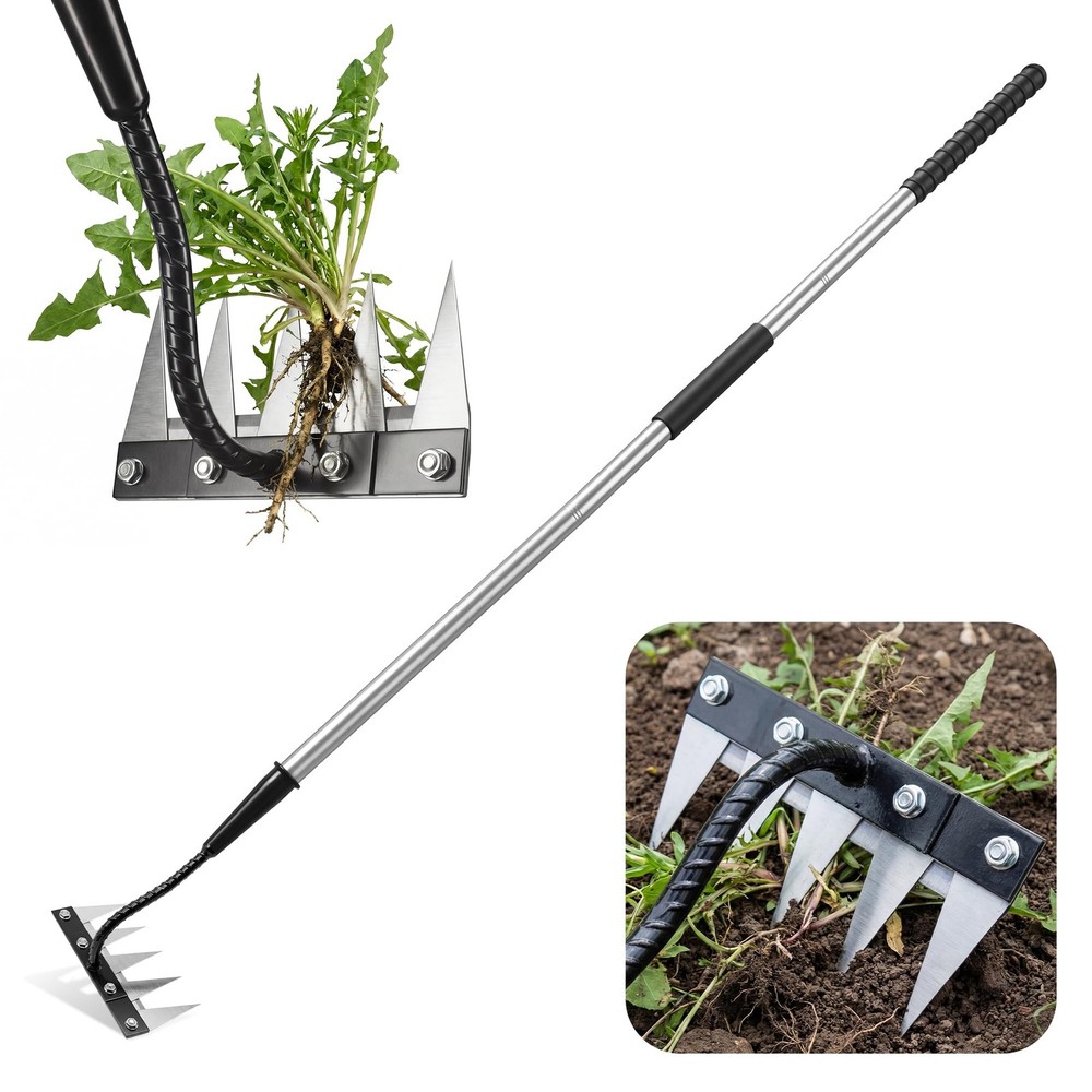 Iron Weeding Rake with Long Handle - Upgraded 5 Teeth Weed 5 Teeth, silver
