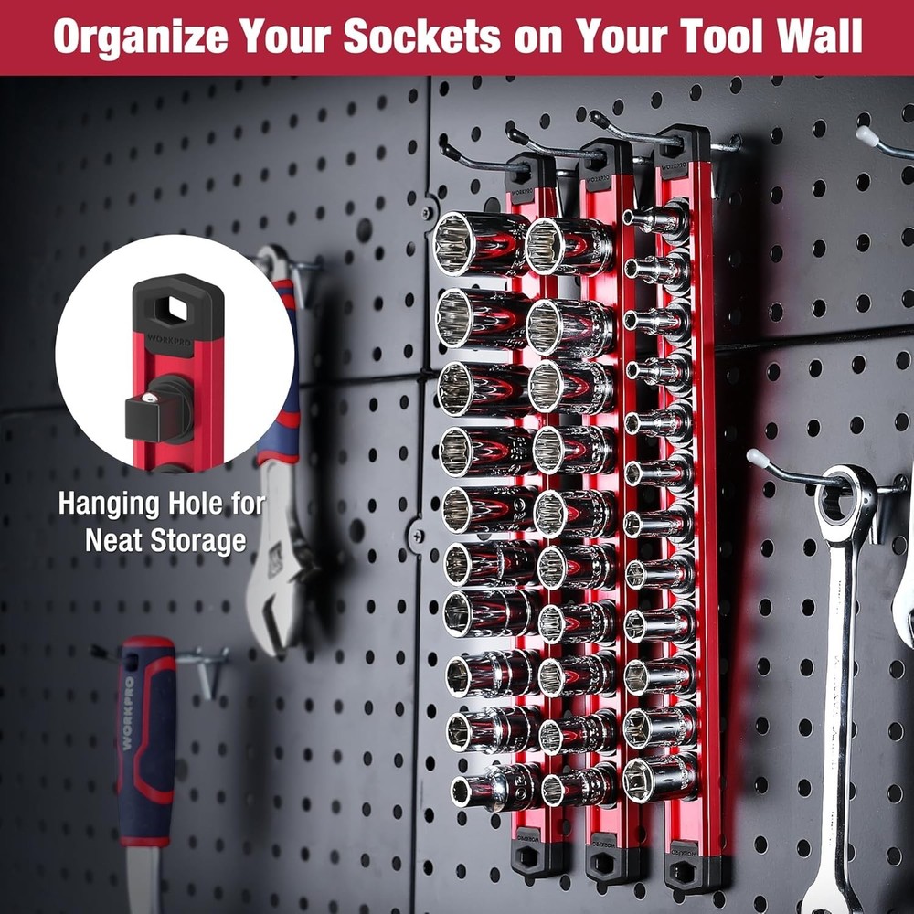Compact Red Magnetic Socket Organizer - 3/8-Inch Drive with Rotatable Clips