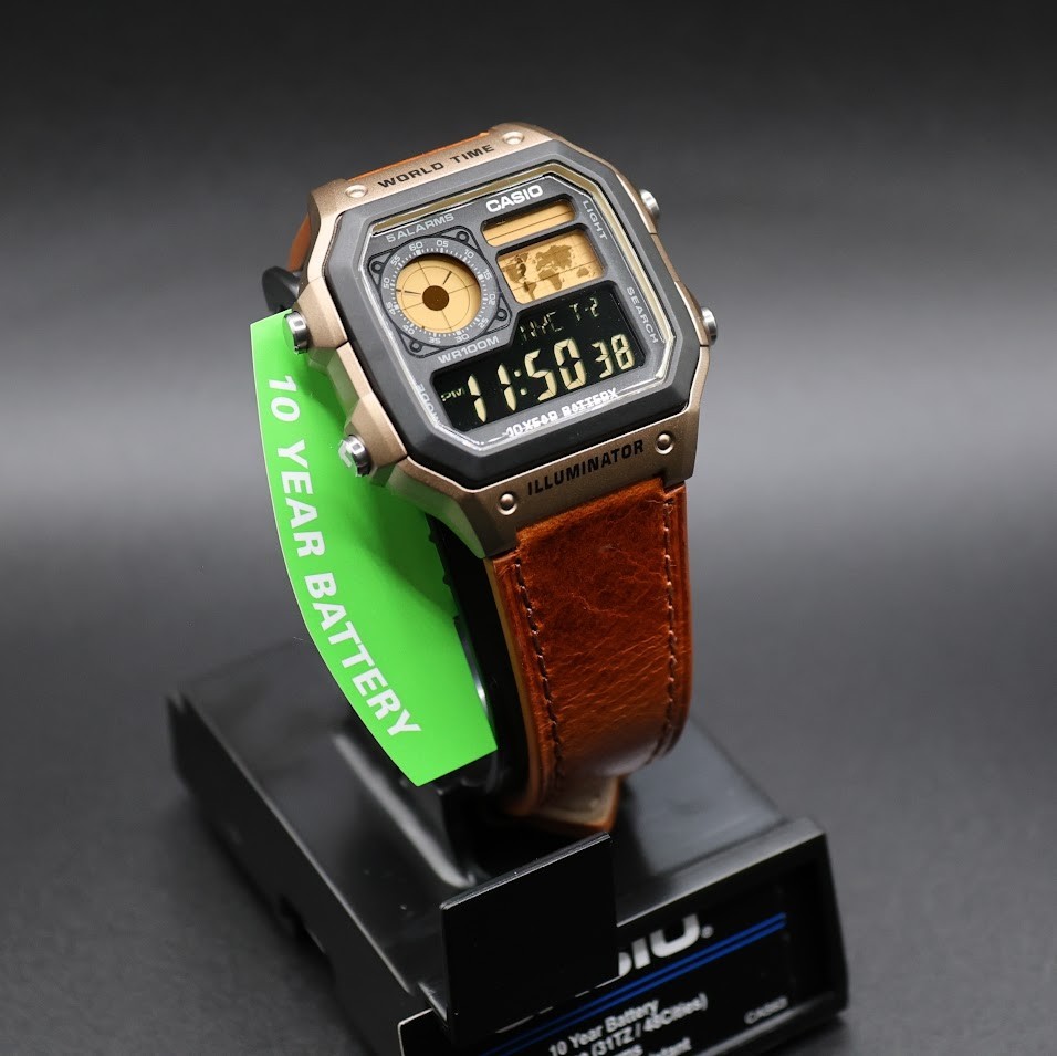 CASIO AE-1200WHD. Royale Watch Mod. Gold Filter. Leather Strap. Negative Display