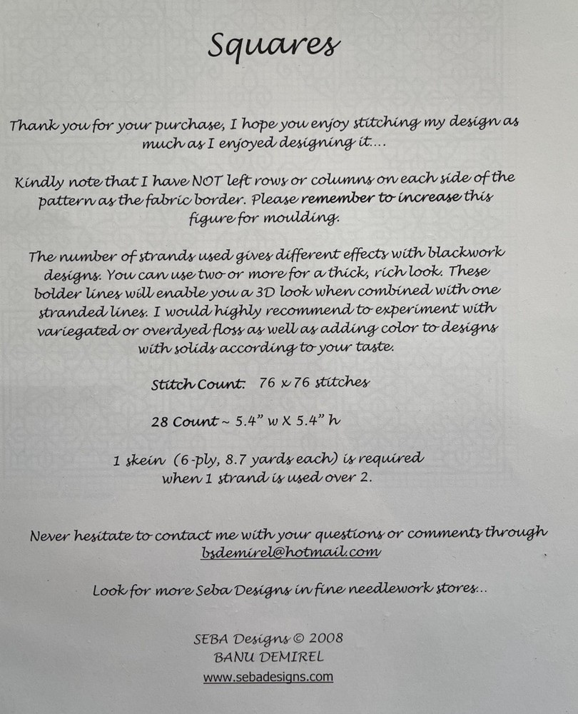 SEBA Designs SQUARES Blackwork Needlepoint Chart Pattern