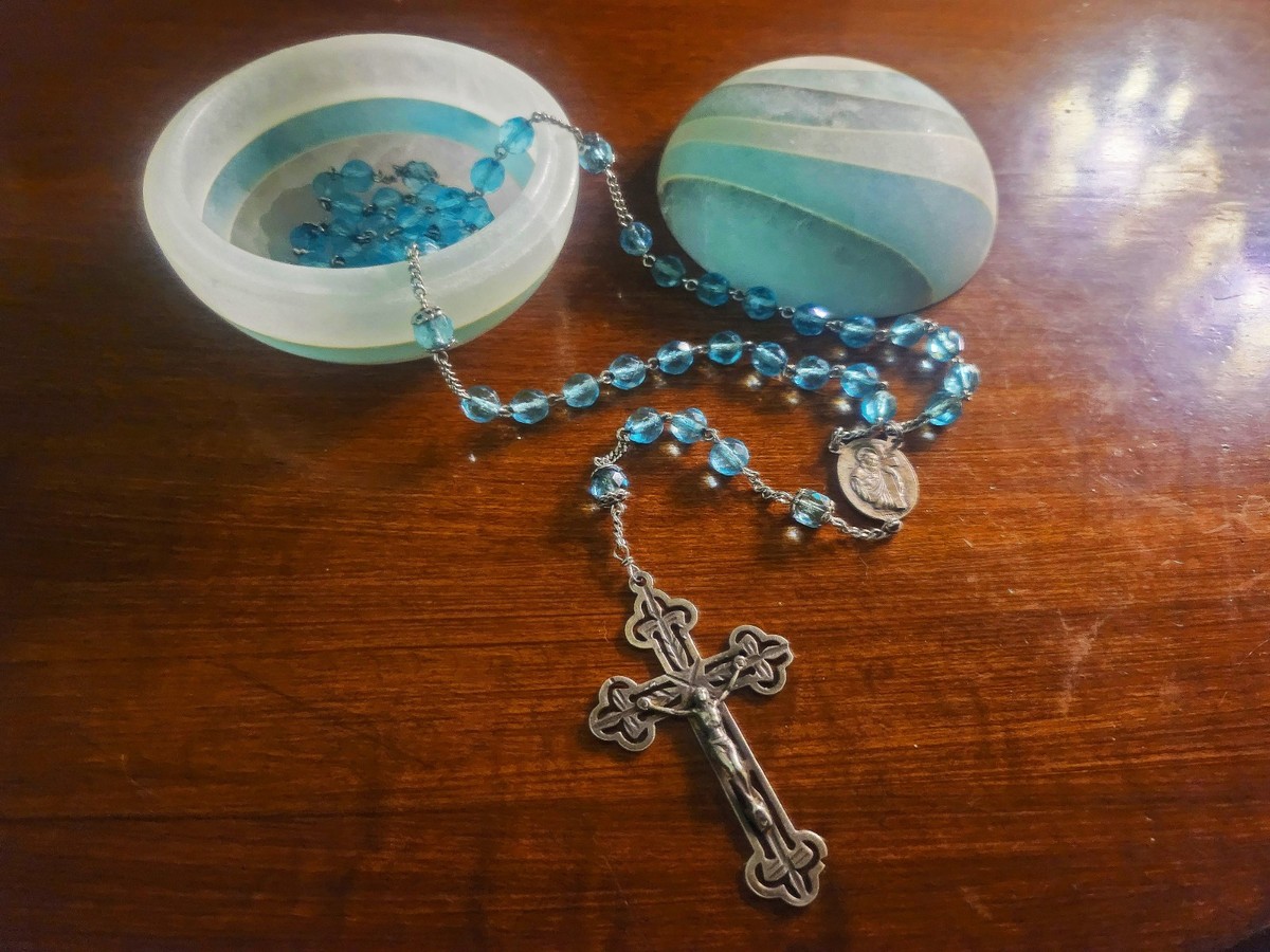 Vintage Italy Sterling Silver Aqua Blue Crystal Rosary & Vtg MCM Alabaster Case