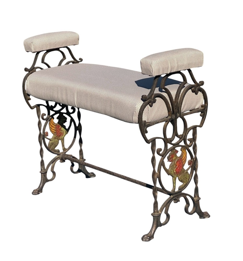 ANTIQUE ART DECO CAST IRON VANITY WINDOW BENCH WITH POLYCHROME GRIFFIN ELEMENTS