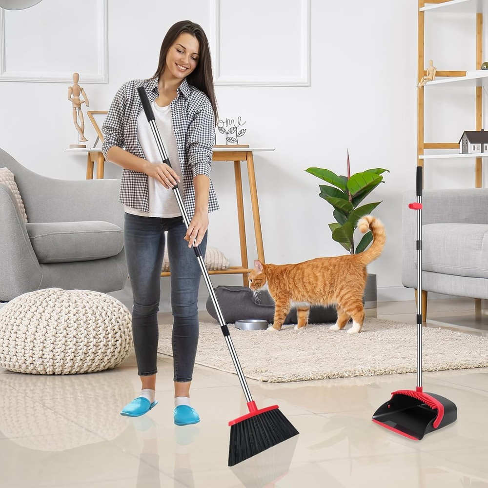 Broom and Dustpan Set, 52-in Long Adjustable Handle Medium, Black Red