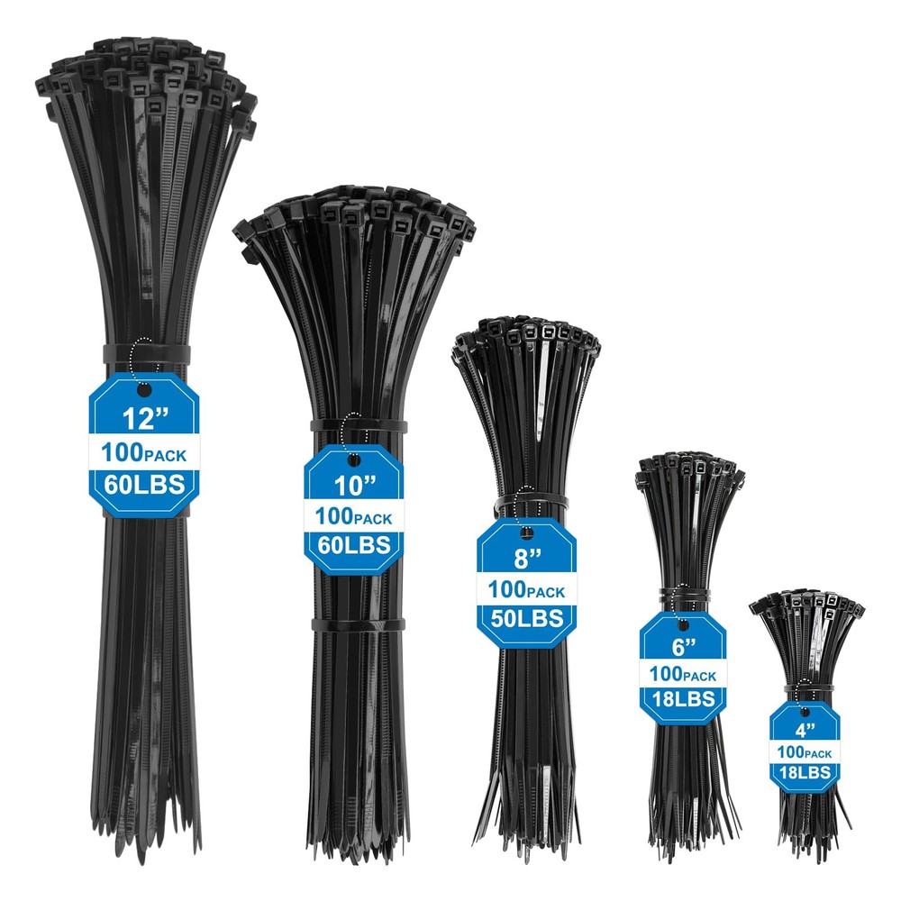 500 Pack Assorted Black Zip Ties – 4/6/8/10/12" Nylon Cable Ties (100 pcs Eac...