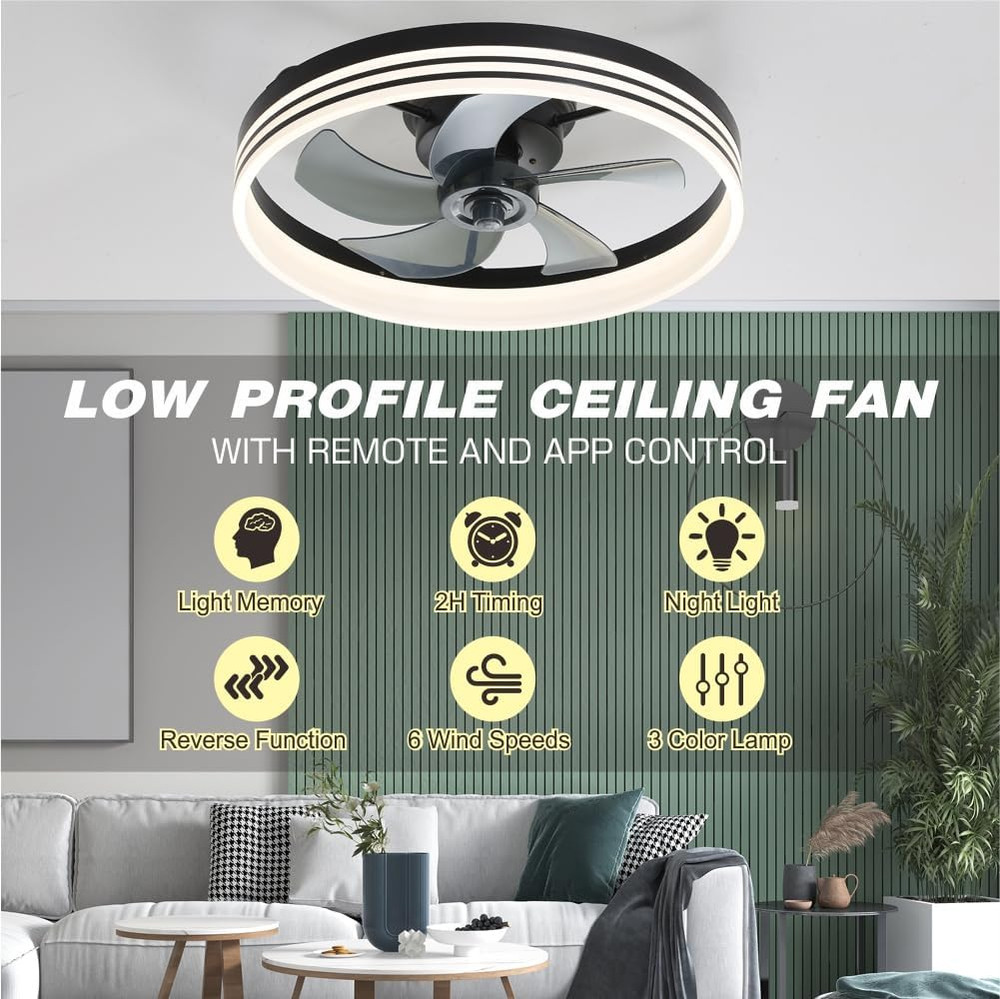20" Modern Ceiling Fans with Lights and Remote, Flush Mount Bladeless Dimmable C