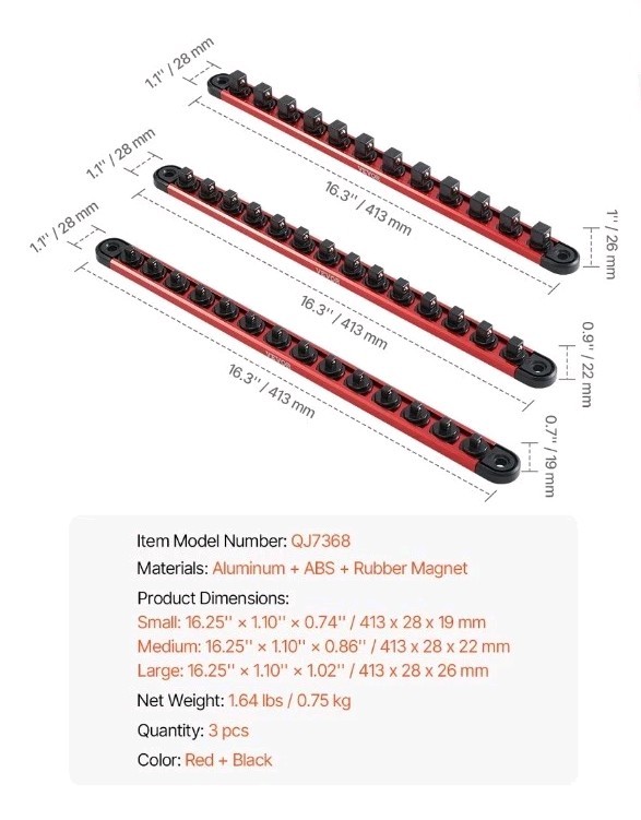 VEVOR Socket Organizer Rail Set, 3PCS Metric & SAE Aluminum Socket...