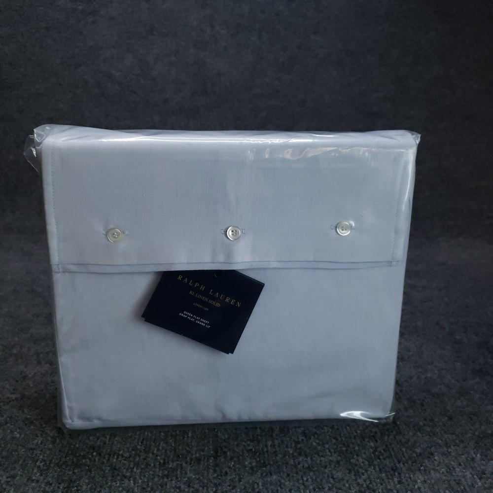 Ralph Lauren Linen Queen Flat Sheet Solid Sky Blue Polo NEW