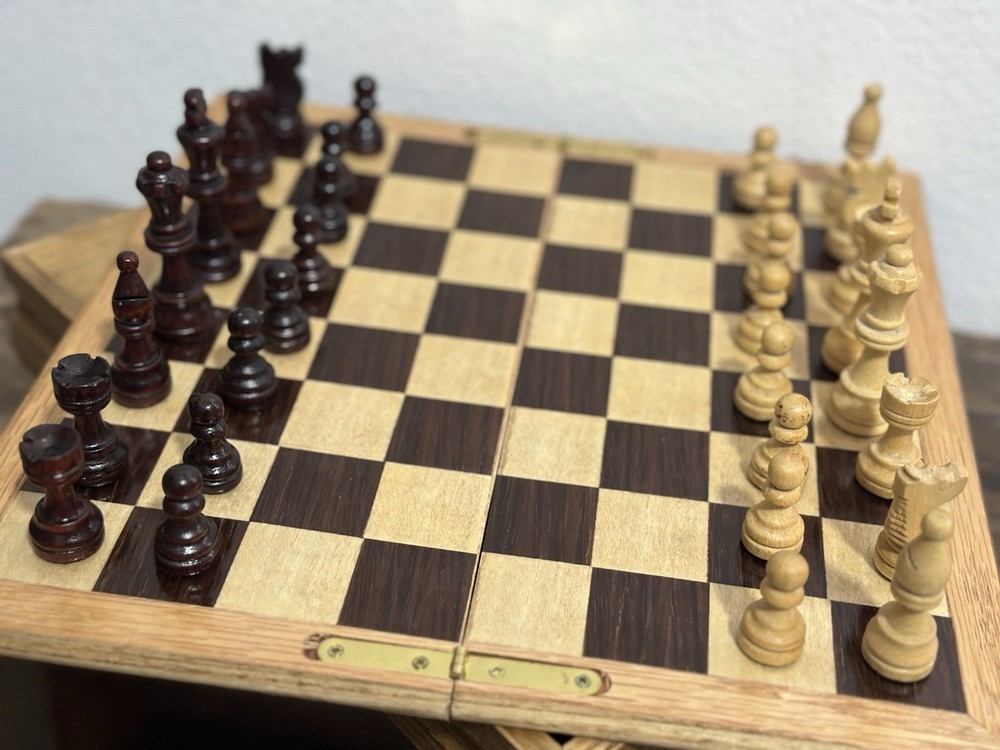 Handmade Solid & Inlaid Wood Folding Storage Chess Checkers Box Hinged
