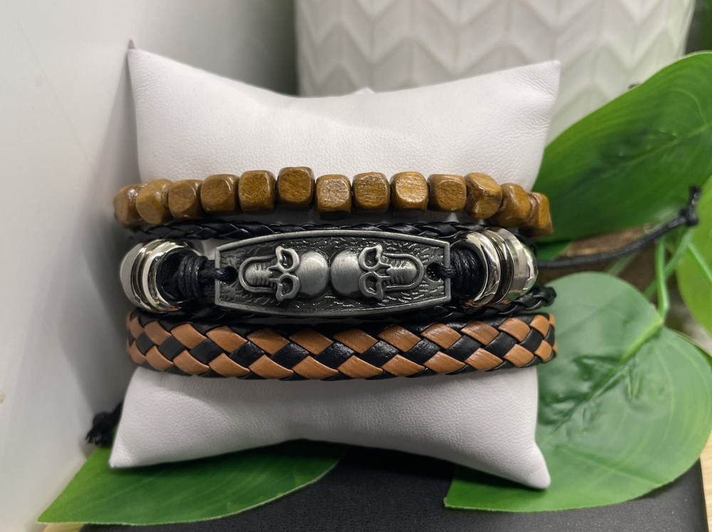 3 PC Leather Bracelet Stackable Adjustable Tie Free Ship Skull Charm B5198