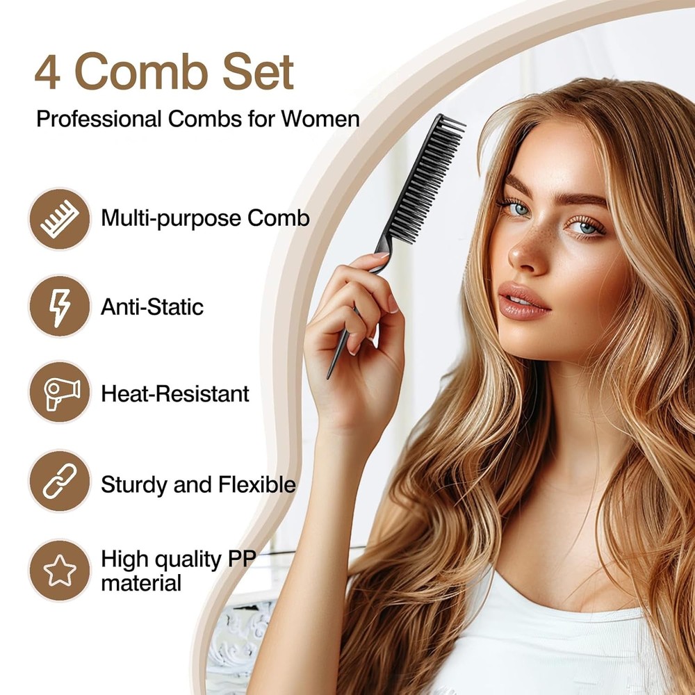 3-Row Rat Tail Styling Comb Set (4PCS) – Flexible for Detangling, Medium
