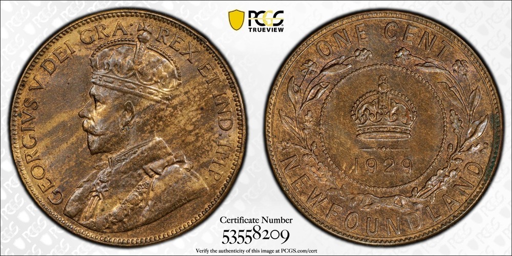 1929 Newfoundland large cent PCGS MS63BN