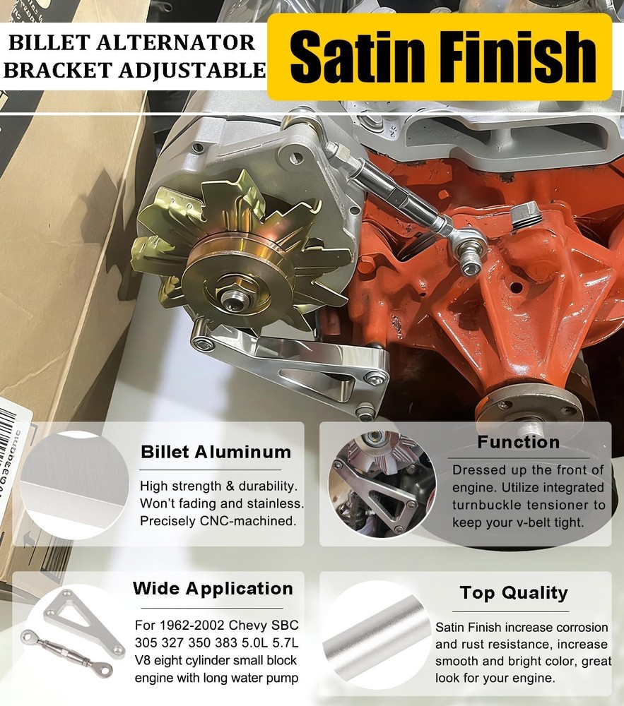 Chevy SBC Adjustable Billet Alternator Mounting Bracket Kit