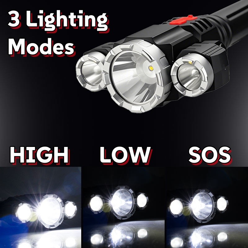 Super Bright 3 Head LED Flashlight Rechargeable Tactical Flashlights Work Light